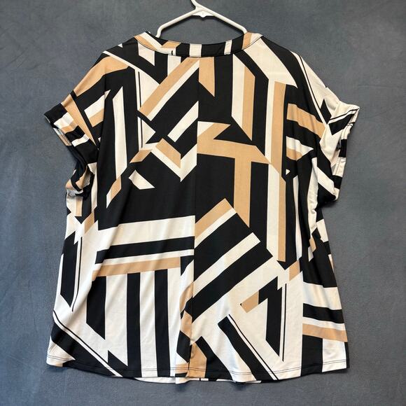 AUW Plus Size 1X Geometric Print Stretch Blouse Gold Button Shoulder Busines - Picture 2 of 9